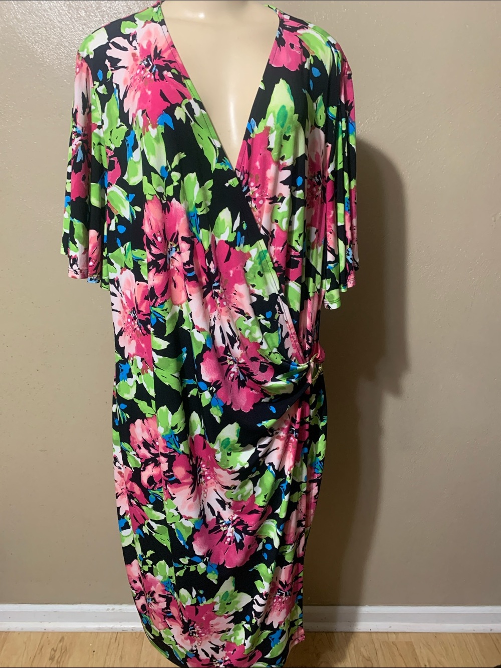 Kasper size 3X Floral Faux Wrap Swim Dress - Black, Pink & Green